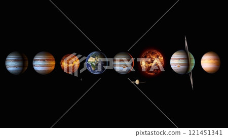 Various planets are displayed, showcasing their unique colors and characteristics in space 121451341
