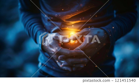 A person is experiencing sharp pain in the abdominal area, indicating gall bladder issues 121451540