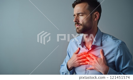 Man Experiencing Severe Chest Pain Highlighted with Red Glow, Suggesting a Cardiac Emergency Man Experiencing Severe Chest Pain Highlighted with Red Glow, Suggesting a Cardiac Emergency 121451574