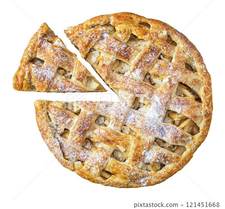 Baked round apple pie and triangle cut piece on isolated background Baked round apple pie and triangle cut piece on isolated background 121451668
