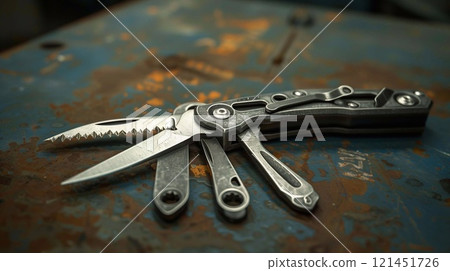 A multi tool rests on a rustic surface, highlighting its sharp blades and practicality 121451726