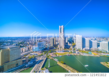 Yokohama cityscape in Japan, with views of the Nippon Maru under full sail, Sakuragicho Station, Mount Fuji, Yokohama Landmark Tower, etc. (3rd) 121451812