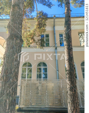 A detailed view of a historic structure featuring elegant windows and a contemporary patterned fence. This photo showcases the coexistence of tradition and modernity in urban design. 121451813