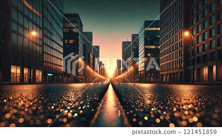 Quiet city street at dawn, with shiny asphalt and buildings 121451859