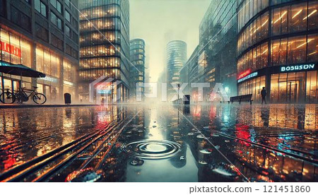 A quiet street after the rain, the light reflected on the wet road surface and the beauty of futuristic architecture 121451860
