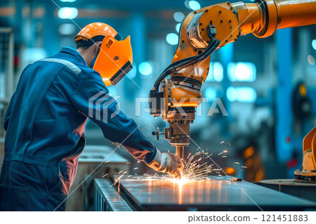 A worker uses a robotic arm to weld metal, creating sparks in a modern industrial workspace during the day. 121451883