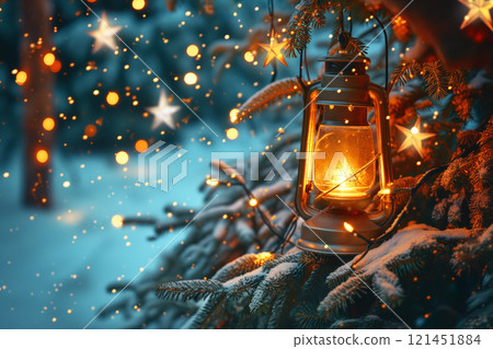 Lantern casts warm light amidst snow covered pine branches on chilly winter night, creating cozy atmosphere. 121451884