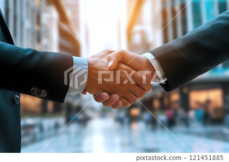 Two business individuals engage in handshake, symbolizing agreement in busy city environment at sunset. 121451885