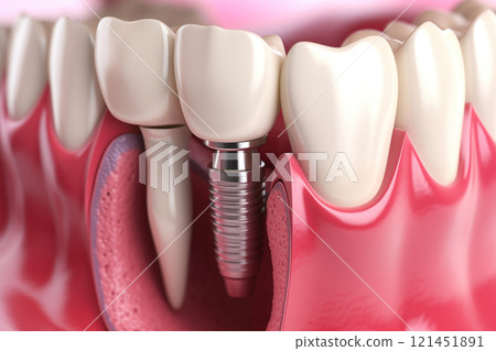 Dental implant situated between natural teeth, illustrating gum bone integration during oral surgery. 121451891