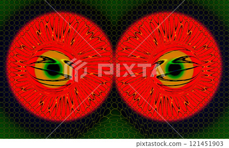 Orange eyes with yellow pupils. Creative image. Bright orange eyes close-up on a green background in artistic execution. Expressionism. 121451903