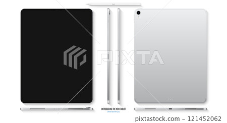 tablet mockup in silver color with pencil front, back and side on white background. stock vector illustration eps10 121452062