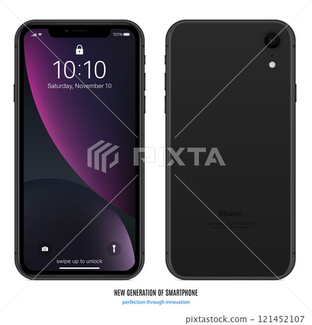 smartphone in matte black color with colorful screen front and back side on white background. stock vector illustration eps10 smartphone in matte black color with colorful screen front and back side on white background. stock vector illustration eps10 121452107