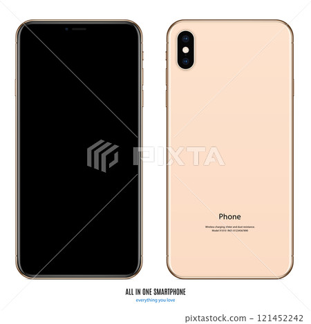 smartphone mockup gold color with colored screen front and back on white background. stock vector illustration eps10 121452242