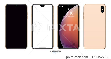 smartphone frameless gold color with black, blank and colored touchscreen saver with backside isolated on white background. realistic and detailed mobile phone mockup. stock vector illustration 121452262