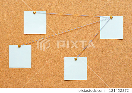 Blank paper notes are pinned to a cork board. The concept of detective investigation or training. Copy space. 121452272