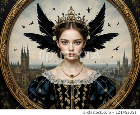 A beautiful fairy with wings behind her head. 121452351