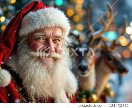 Santa Claus with reindeer in the background. 121452381
