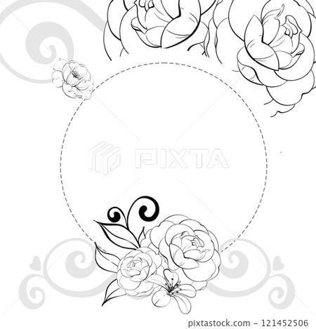 Romantic roses Circle frame, template -beautiful flowers with curl. Retro old fashion, tailoring for postcard, fabric, printing. Graphic vector line, hand drawn, black silhouette 121452506