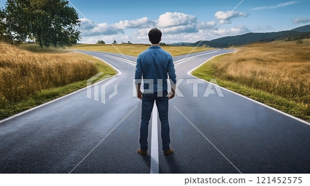 Man Standing at a Crossroads Deciding Which Path to Take_1 Man Standing at a Crossroads Deciding Which Path to Take_1 121452575