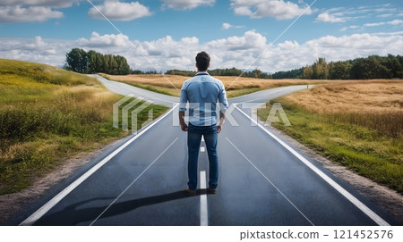 Man Standing at a Crossroads Deciding Which Path to Take_2 Man Standing at a Crossroads Deciding Which Path to Take_2 121452576
