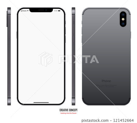 smartphone mockup in grey color with blank screen view front, back and side on white background. stock vector illustration eps10 smartphone mockup in grey color with blank screen view front, back and side on white background. stock vector illustration eps10 121452664