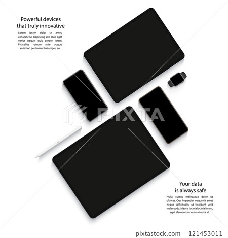 devices mockup: smartphones, tablets and smart watch with black screen isolated on white background. stock vector illustration eps10 121453011