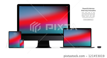 mockup gadgets and devices: stylus, mouse, smartphone, tablet, laptop and computer monitor with colored screen isolated on white background. stock vector illustration eps10 121453019