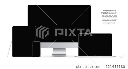 mockup devices and gadgets: stylus, mouse, smartphone, tablet, laptop and computer monitor with black screen isolated on white background. stock vector illustration eps10 121453180