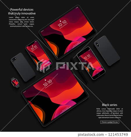 mockup of smartphones, tablets and smartwatch top view on a black background. devices set. stock vector illustration mockup of smartphones, tablets and smartwatch top view on a black background. devices set. stock vector illustration 121453749