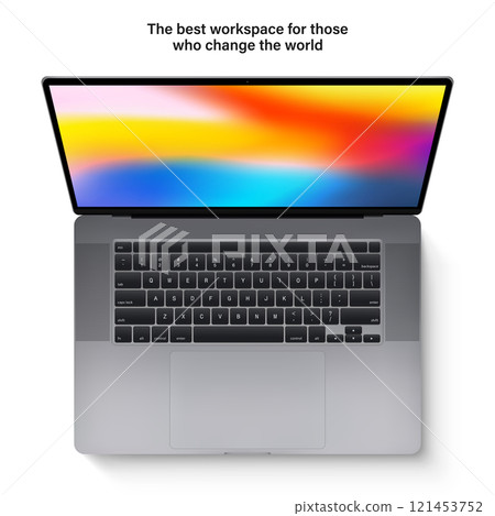 laptop with keyboard and touchpad grey color and colorful screen top view isolated on white background. realistic and detailed notebook mockup. stock vector 3d illustration 121453752