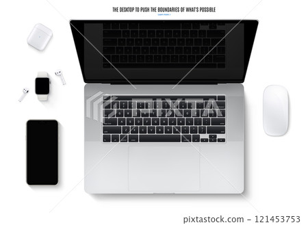 smartphone, laptop, mouse, headphones and smartwatch flat lay isolated on white background. top view detailed and realistic gadgets mockup. stock vector illustration 121453753
