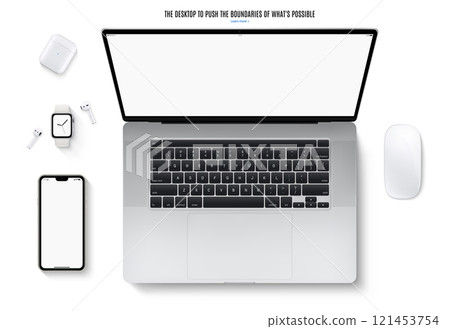 smartphone, laptop, mouse, headphones and smartwatch top view isolated on white background. flat lay realistic and detailed devices mockup. stock vector illustration smartphone, laptop, mouse, headphones and smartwatch top view isolated on white background. flat lay realistic and detailed devices mockup. stock vector illustration 121453754
