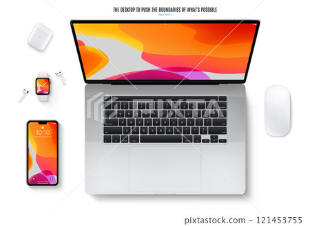 open laptop with smartphone, mouse, smartwatch and headphones top view isolated on white background. flat lay detailed and realistic devices mockup. stock vector illustration 121453755