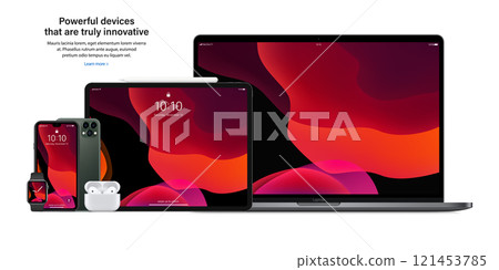 smartphone, tablet, laptop, smartwatch, headphones and stylus isolated on white background. realistic and detailed gadget and device mockup. stock vector illustration 121453785