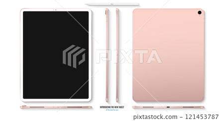 tablet rose gold color with black touch screen front, back and side flat lay isolated on white background. realistic and detailed mockup. stock vector illustration 121453787