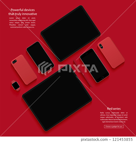 smartphones, tablets and smart watch top view on a red background. devices mockup. stock vector illustration 121453855