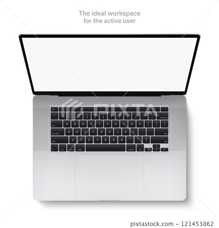 laptop with touchpad and keyboard silver color and blank screen top view isolated on white background. flat lay detailed and realistic notebook mockup. stock vector 3d illustration 121453862
