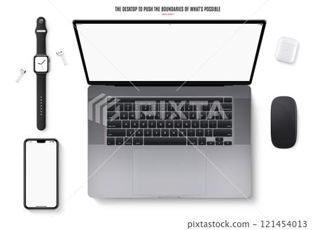 smartphone, laptop, mouse, headphones and smartwatch top view isolated on white background. flat lay realistic and detailed devices mockup. stock vector illustration 121454013