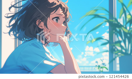 高中女孩看著外面 高中女孩看著外面 121454426