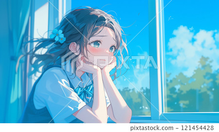 高中女孩看著外面 高中女孩看著外面 121454428