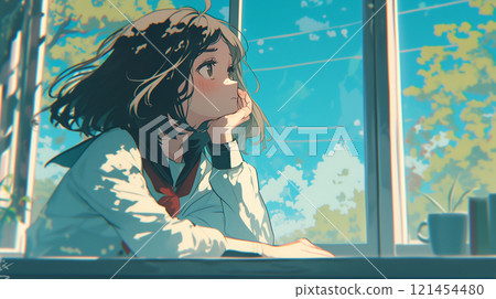 High school girl looking outside 121454480