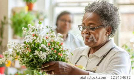 African american mature florist woman creates bouquet of flowers in flower store 121454682