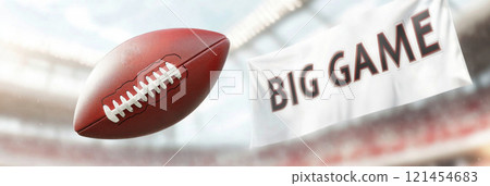 American football ball in motion at sport stadium with a big game text banner, background 121454683