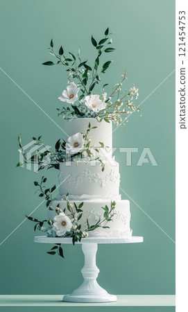 Wedding cake with beautiful flowers on solid pastel color background, copy space 121454753