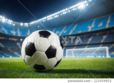 soccer ball in front of blured big modern stadium with copyspace 121454953