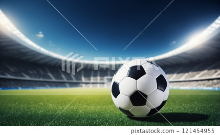 soccer ball in front of blured big modern stadium with copyspace 121454955