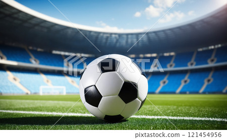 soccer ball in front of blured big modern stadium with copyspace 121454956