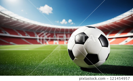 soccer ball in front of blured big modern stadium with copyspace 121454957