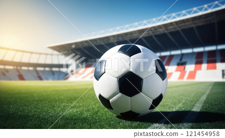 soccer ball in front of blured big modern stadium with copyspace 121454958