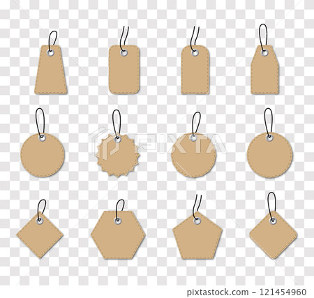 Template of blank craft brown paper price tags or gift tags on transparent background. Set of kraft shopping labels. Vector 121454960